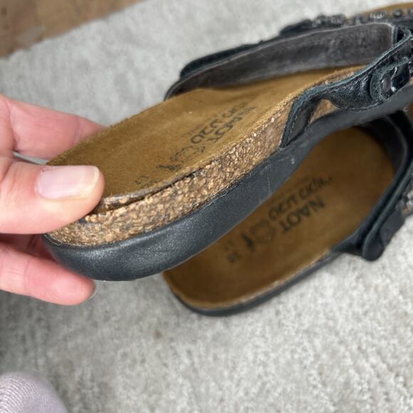 NAOT® Genuine Leather Black Slides Sandals w/Flower Rhinestone Studs 7M 38 EU - Picture 6 of 6